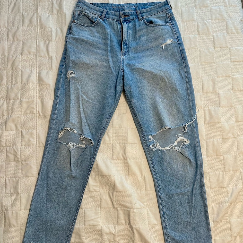 American Eagle Outfitters Distressed Light Blue High Rise Curvy Mom Jeans